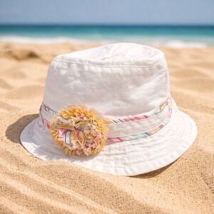 Betmar New York White Cotton Bucket Hat Striped Trim Straw Flower OS